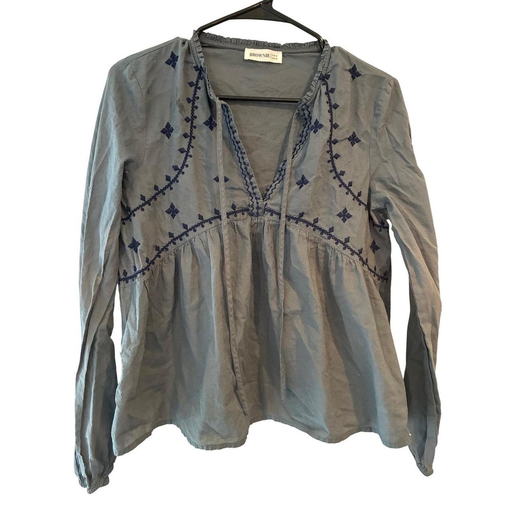 Brownie Spain blue embroidered cotton boho peasant blouse‎ long sleeve M